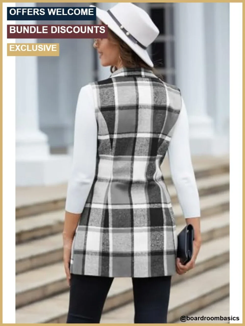 Sleeveless Wool Plaid Vest Women Notch Lapel Side Pockets Fall Winter